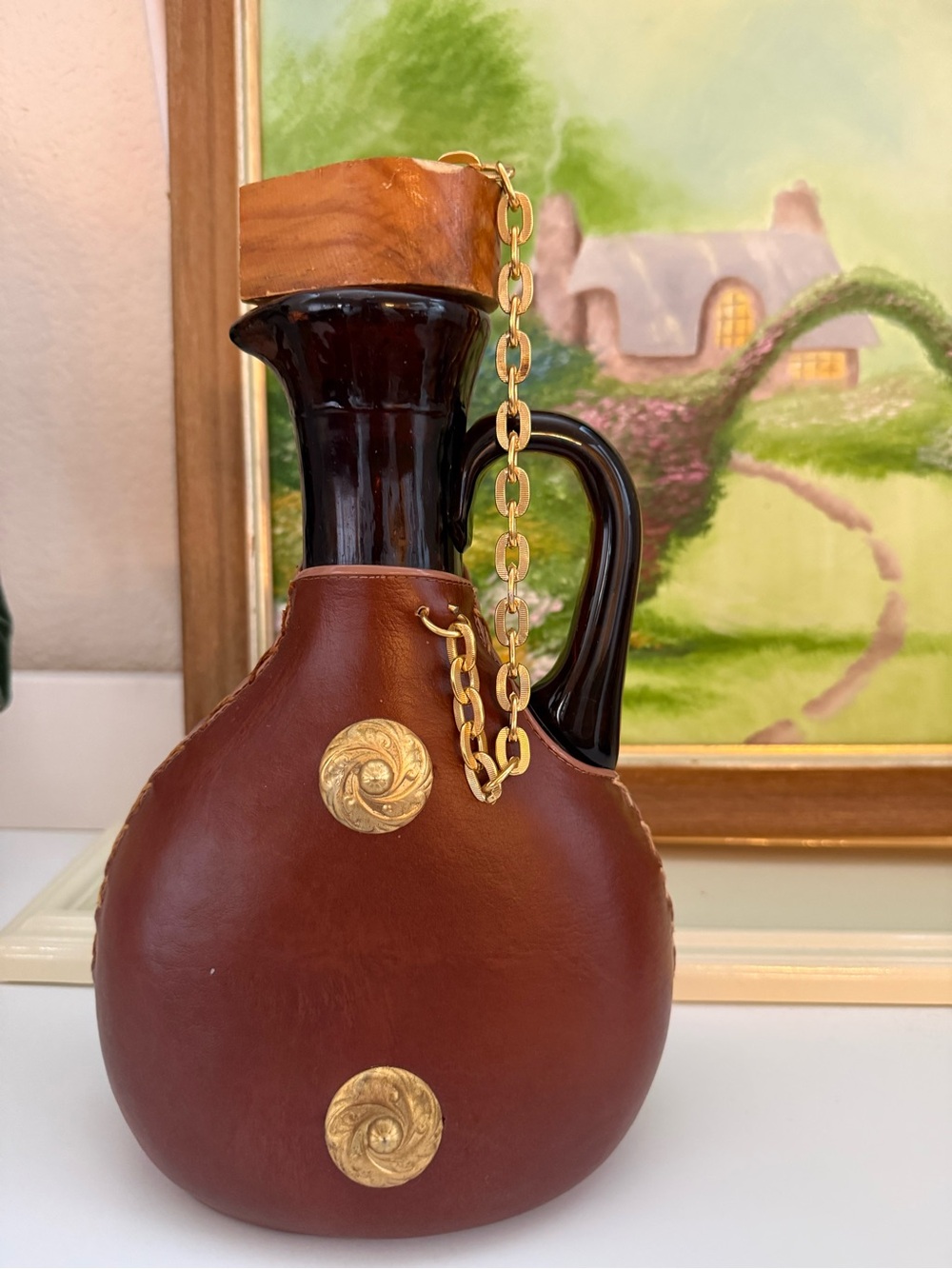 Hand Crafted Spanish Brown Leather-Wrapped Glass Pitcher/Decanter with GoldChain